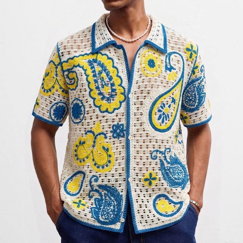Mens Paisley Embroidery Crochet Short Sleeve Shirt M абрикосовый