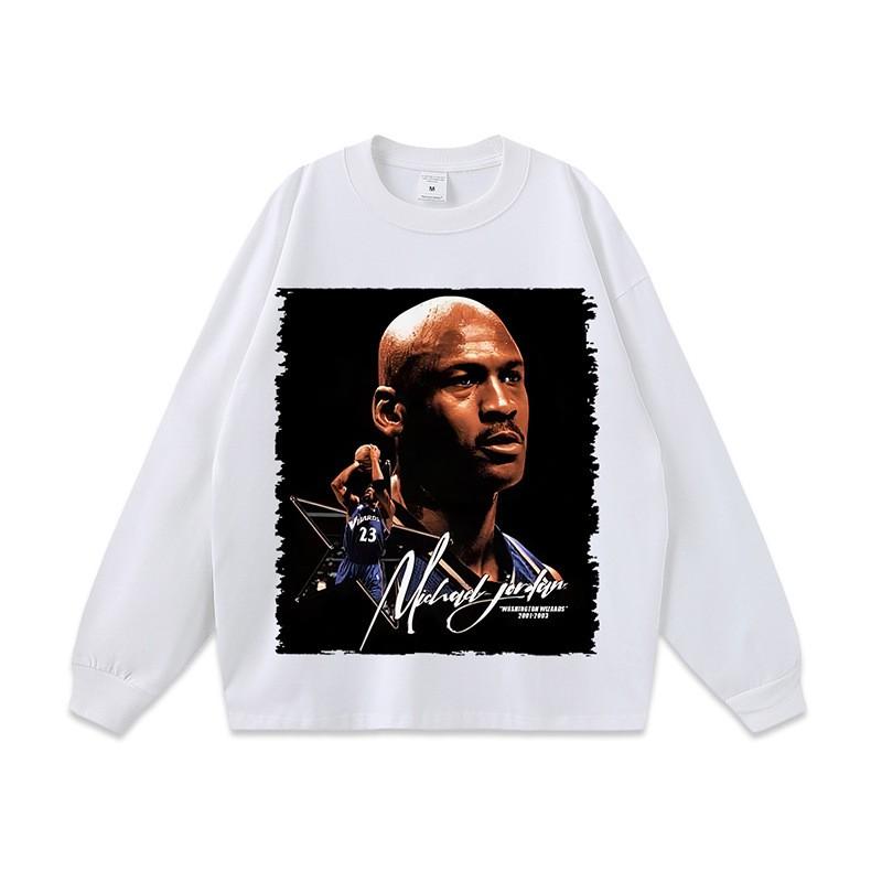 Vintage Amerikanischer Basketballstar Print Gewaschen Used Oversized Baumwolle Langarm T-Shirt Unisex Streetwear