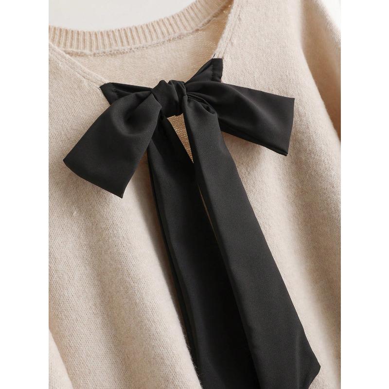 Women Loose V Neck Bow Thick Knitted Casual Sweater Outerwear