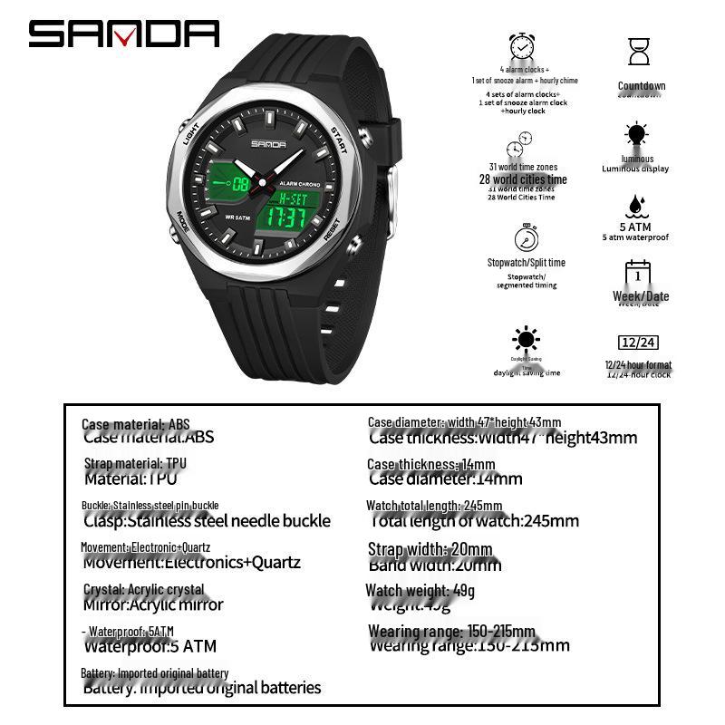 SANDA Sports Watch: World Time, Multifunctional Chronograph, Waterproof, Unisex