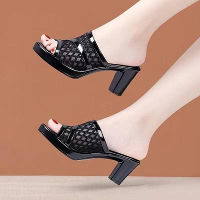 Damen Hausschuhe und Damen Sandalen Schuhe mit Absatz Schwarz Job Pantoletten Runde Zehenpartie Fisch Original Günstig Premium Korea Stil 39 PVC