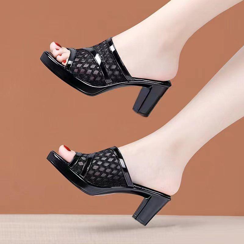 Women's Slippers And Ladies Sandals Heeled Shoes Black Job Slides Round Toe Fish Original Cheap Premium Korea Style 39 Pvc