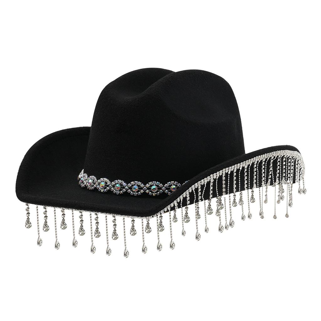 Ladies Wedding Bridal Top Hat, Western Curled Cowboy Hat, Eye Jewel with Fringed Rhinestones, Holiday Travel