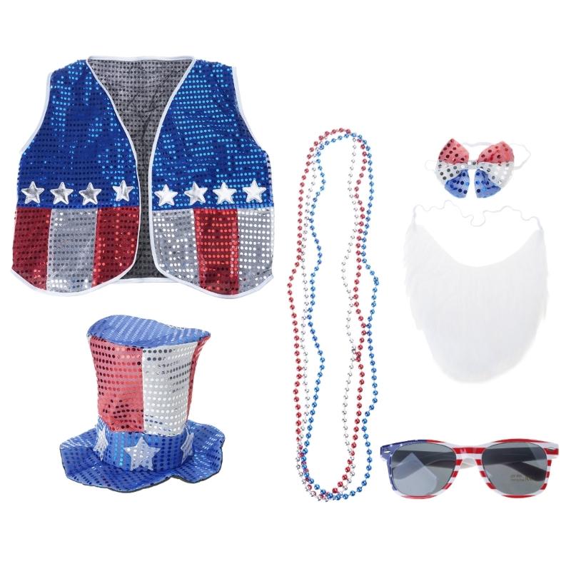 6Pieces 4th of July Patriotic Costume Set with Vest Hat Beard Sunglasses and Necklace for Holiday Celebration Gathering