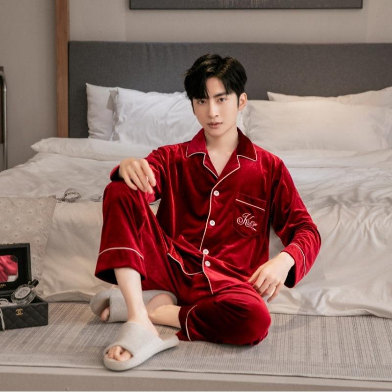 Men's Pajamas Autumn and Winter Golden Velvet Warm Long-sleeved Cardigan Loungewear High-end Men's Models Can Be Worn Outside a Two-piece Set
