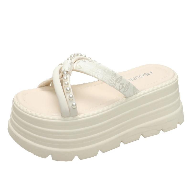 Fashion 8CM High Platform Slippers Women 2025 Summer New Thick-soled Ladies High Heels Beach Sandals Pearl Silk Ethnic style Flip Flops