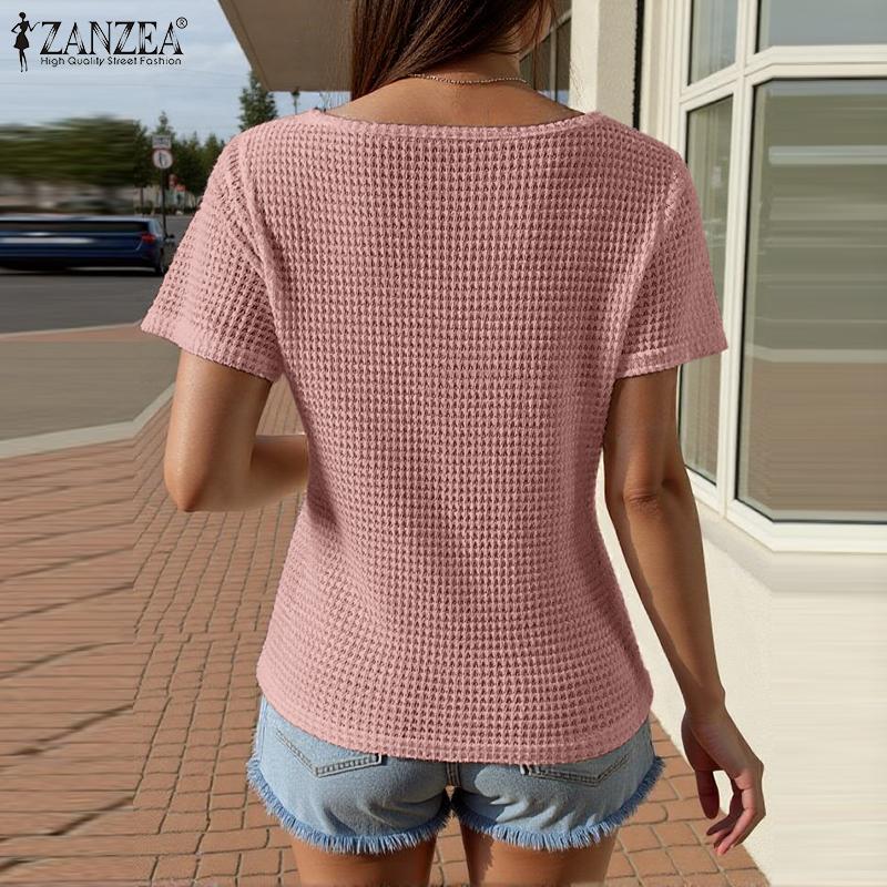 ZANZEA Womens Summer Round Neck Casual Short Sleeve Blouse