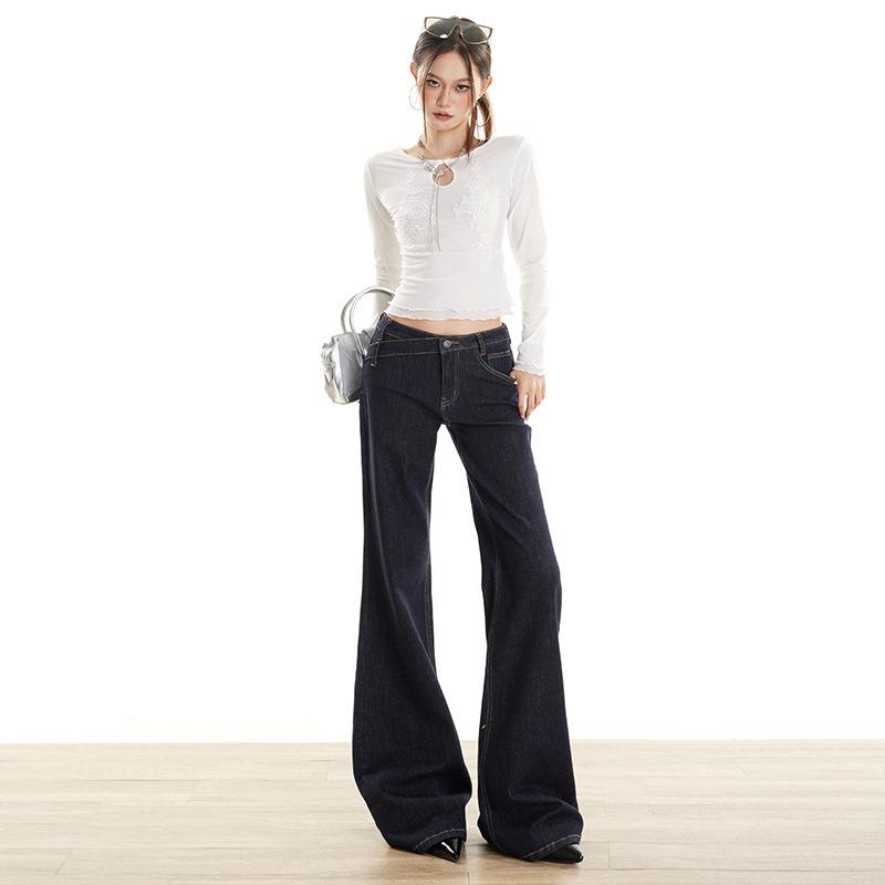 American dark blue primary color low waist micro pull jeans women's autumn and winter new hot girl loose and thin horn pants