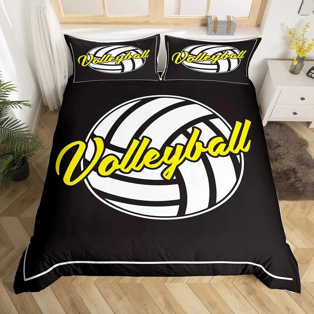 Set husă de pilotă volei, Set de lenjerie de pat cu tematică sporturi cu minge pentru băieți, adolescenți, decor dormitor, husă de pilotă neagră cu 2 fețe de pernă