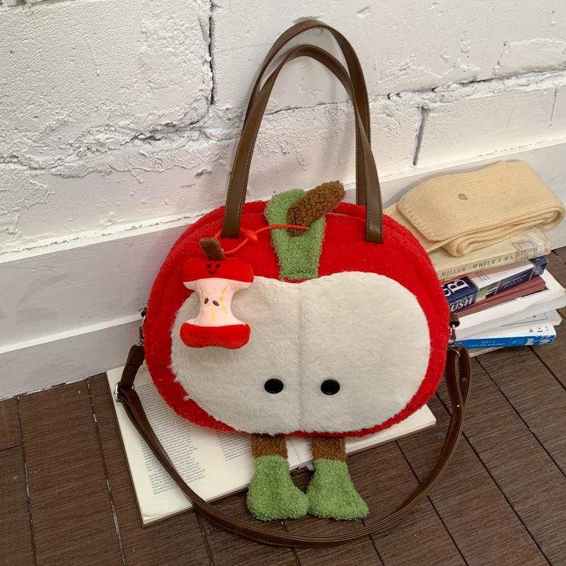 Kawaii Plush Apple Bag For Women Cute Cartoon Red Handbag Large Capacity Furry Tote Bag Multifunctional Crossbody Shoulder Bag