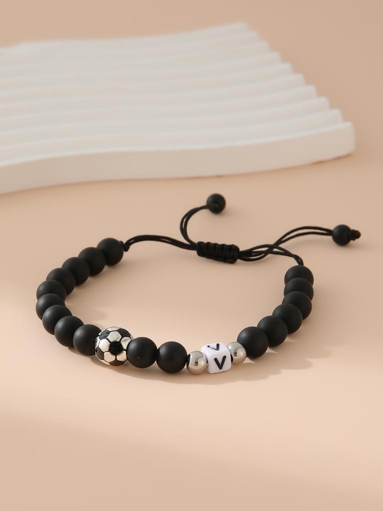 Mattschwarzes Fußball-Alphabet Verstellbares Perlenarmband Unisex Sport-Armband Schmuck