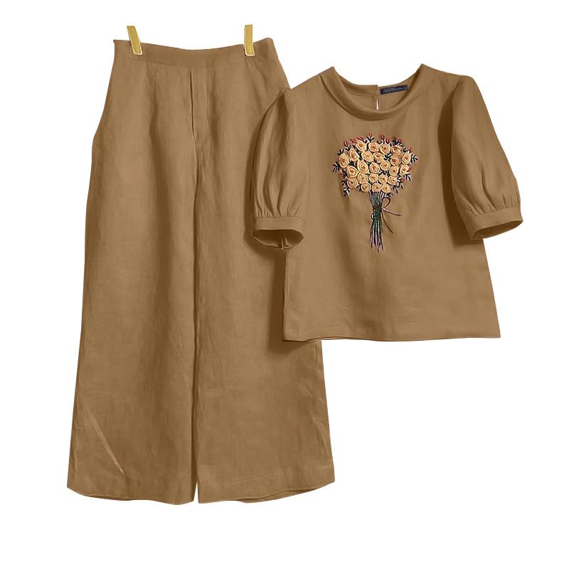 

ZANZEA Повседневный комплект из двух предметов: блузка с короткими рукавами и брюки с цветочной вышивкой 2XL хаки