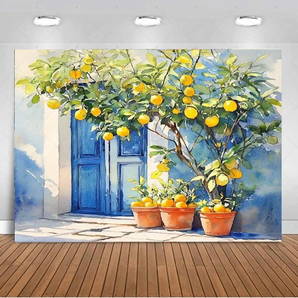 Seaside Town Lemon Tree Background Banner Open Window Landscape Backdrop Supplies Photography Prop Birthday Party Decorations