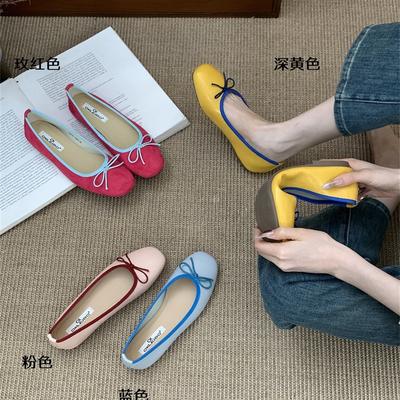 Sapatos baixos de bico fino com laço suave Xiaoxiangfeng femininos 2025 novos boca clara vento noturno nicho combinação de cores sapatilhas
