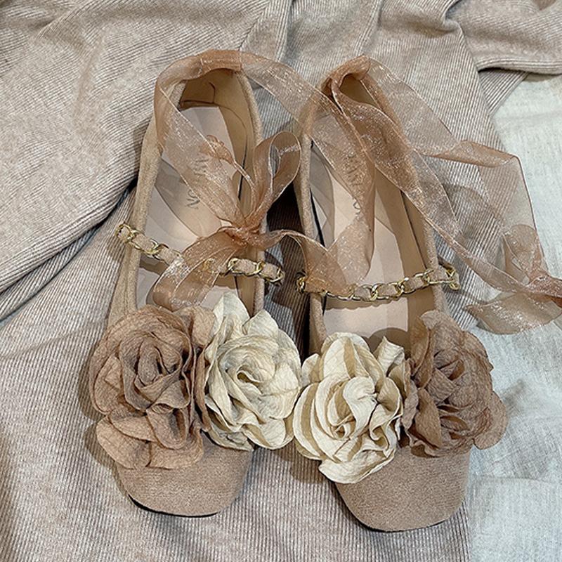 Fairy Tale Style Shoes Woman Eternal Rose Flower Ballet Flats Ladies Autumn Sweet Ribbon Tie Leg Chain Mary Janes Lolita Loafers