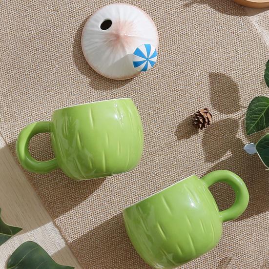 Tazza da Caffè in Ceramica a Forma di Cocco Tazza da Caffè con Manico Coperchio Mini Ombrello Cannuccia Resistente alle Alte Temperature Stoviglie Estive