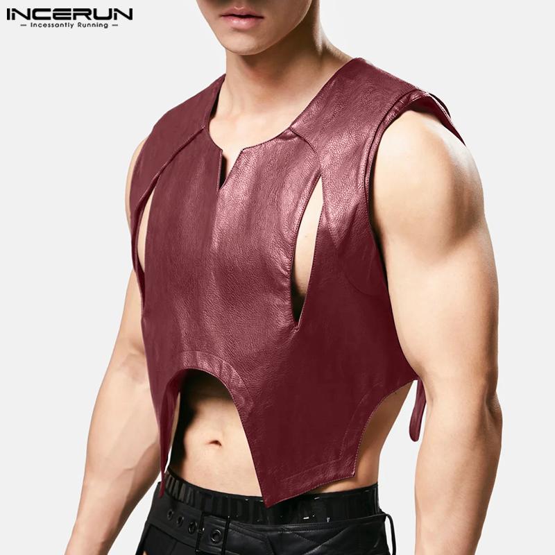 INCERUN Męskie bezrękawniki z wycięciami, ażurowe, codzienne, luźne, z PU skóry