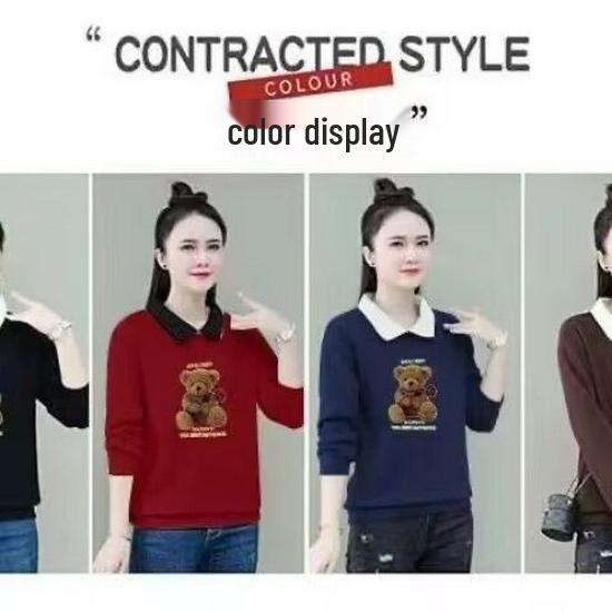 2025 Autumn/Winter Women's Plus Size Velvet Polo Collar Long Sleeve Cartoon Print Sweater