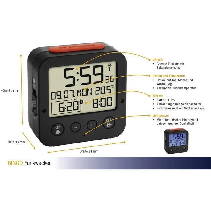 Radio-réveil - tfa - bingo - noir - 81 mm x 81 mm - alarme progressive