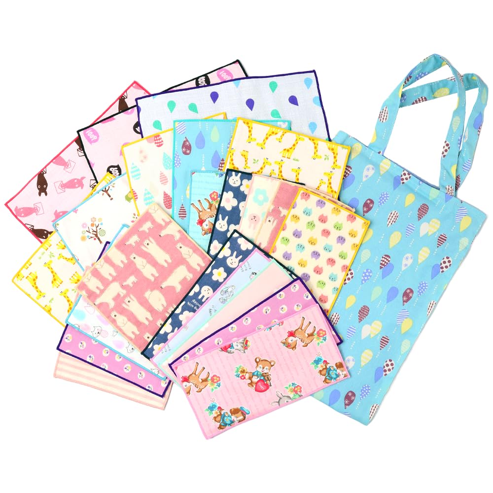 

Handkerchief Assortment with Bonus Tote Made in Cotton Gauze Mixed Drop Turquoise Set [cluster] Kids (22 count) Bag, Japan, 100% Handkerchiefs,