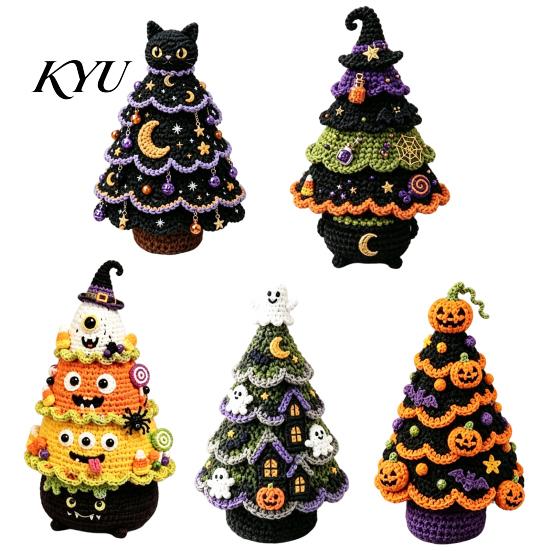 Materiały na Drzewko Świąteczne DIY Zestaw Szydełkowy na Halloween, Czarny Kot Dynia Wiedźma Rzemiosło Kapelusz Duch Zestaw do Tworzenia Rękodzieła do Dekoracji Domu, Wzory Ręcznie Robionych Prezentów