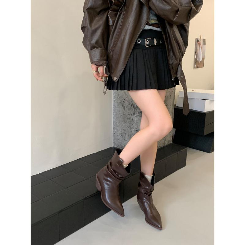 

2025 женские сапоги ретро плиссированные с острым носком на толстом каблуке ковбойские сапоги в западном стиле 39 коричневый