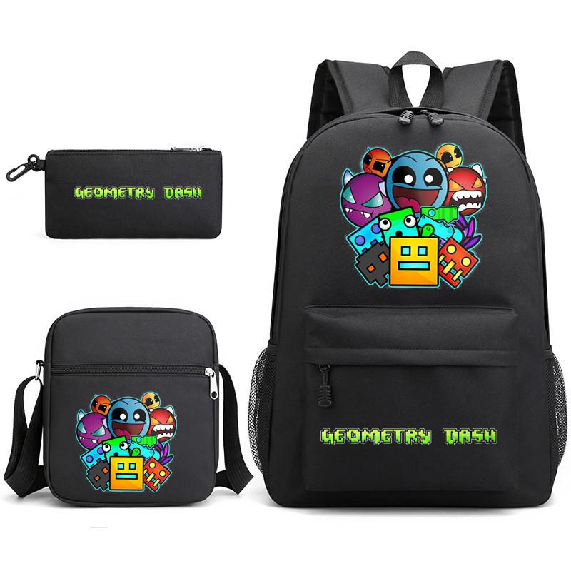 Geometric Geometrydash Three-Piece School Bag Male And Female Students Campus Pencil Case Canvas Bag Backpack