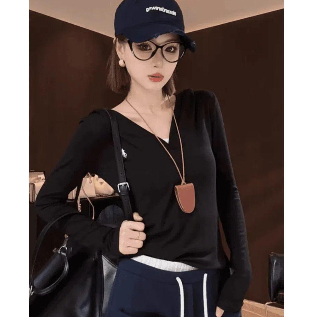 Plus Size Women s V-neck Hooded Long-Sleeve Slimming T-shirt - Autumn 2025 Trendy Top 2XL чёрный