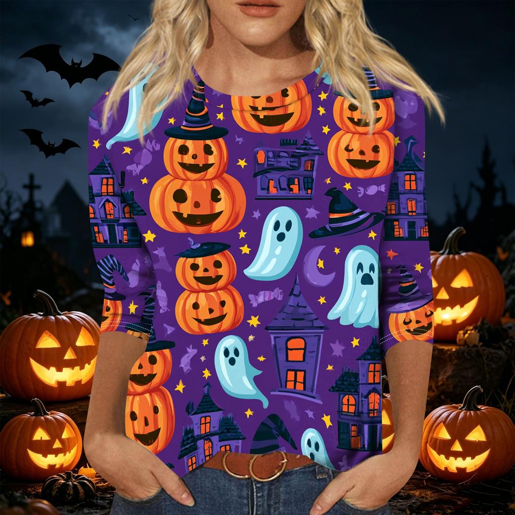 Women's Casual Halloween Print Pullover Top Lightweight Long Sleeve Round Neck Shirt for Fall Seasonal Wear