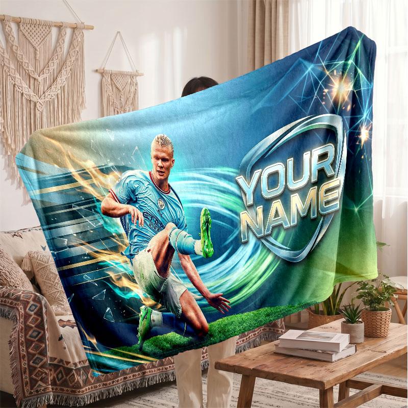 Erling Haaland Personalized Fleece Blanket With Football Logo, Custom Name Text Soft Warm Home Throw Blanket