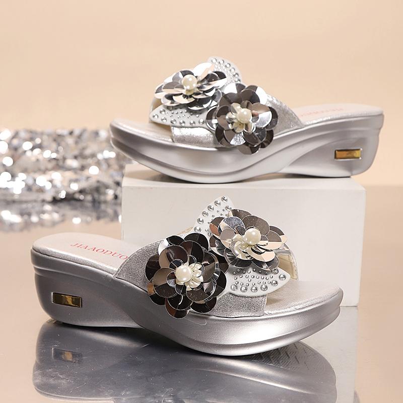 Floral Gold Silver Sandals Women Slip on Wedge Heels Pearl Sandalias Mujer Summer Soft Sole Platform Slippers Shoes Woman
