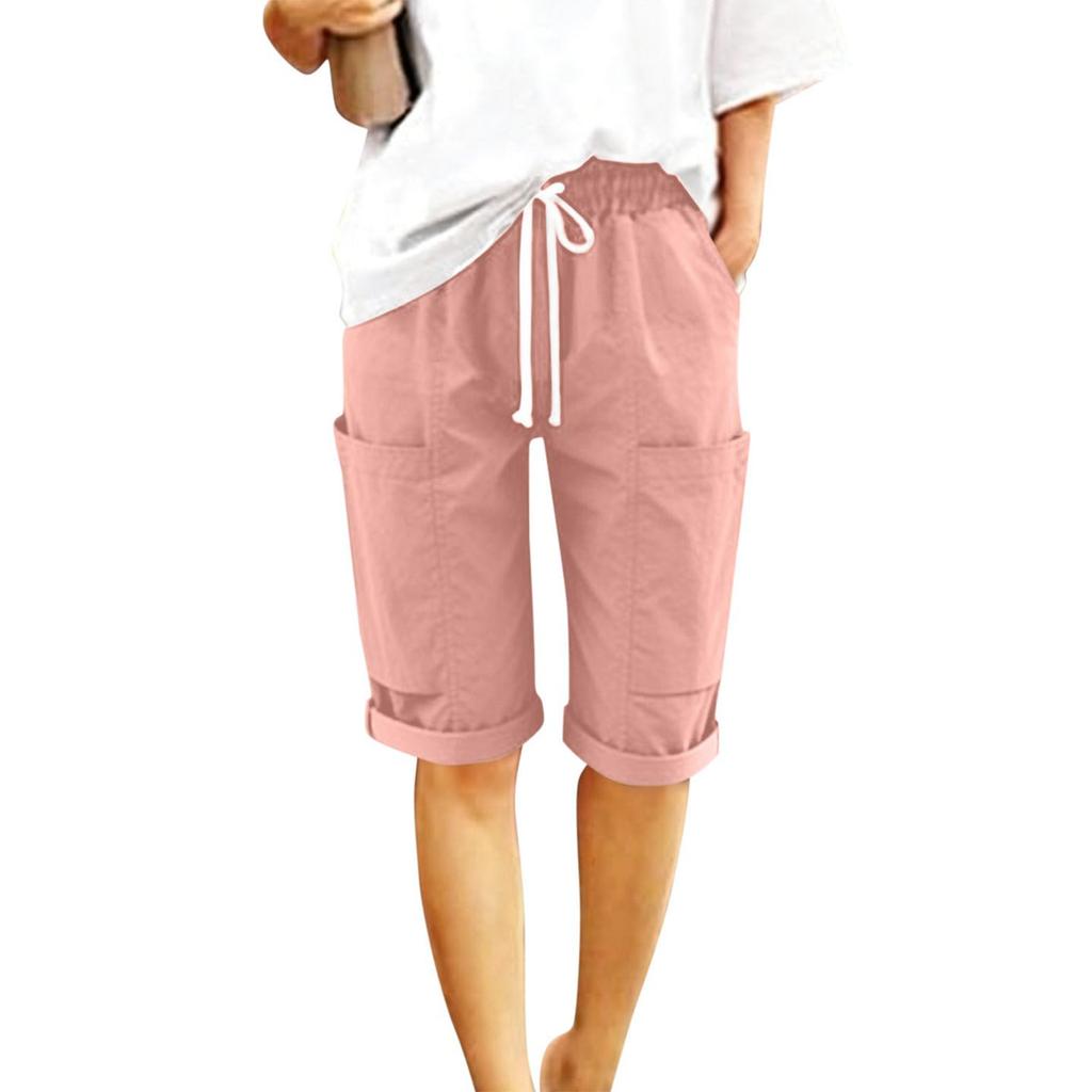 Women's Fashionable Color Elastic Waist Pocket Casual Loose Cotton And Linen Rolled Edge Five Quarter Shorts