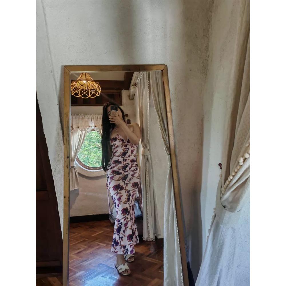 Damen Allover-Print Trägerkleid mit Bindedetail an der Schulter Meerjungfrau Blancosd Saum Boho Ärmellos Spaghetti-Träger Bindedetail Lang Figurbetont Kleider