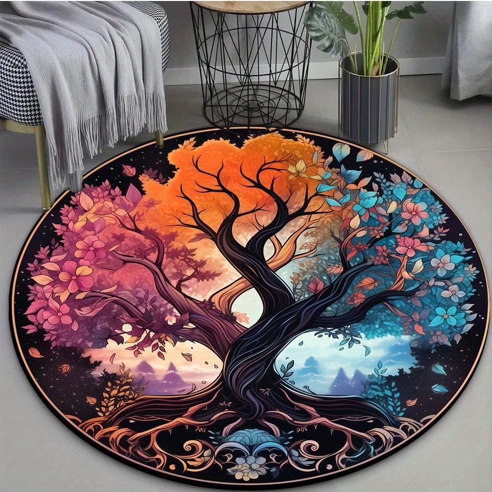 Velvet Crystal Velvet 3D Colorful Tree of Life Pattern Round Mat, Lightweight Washable Carpet, Suitable for Living Room Bedroom