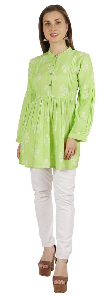 Moomaya Printed Womens Full Sleeve Tunic Mandarin Collar Fit & Flare Long