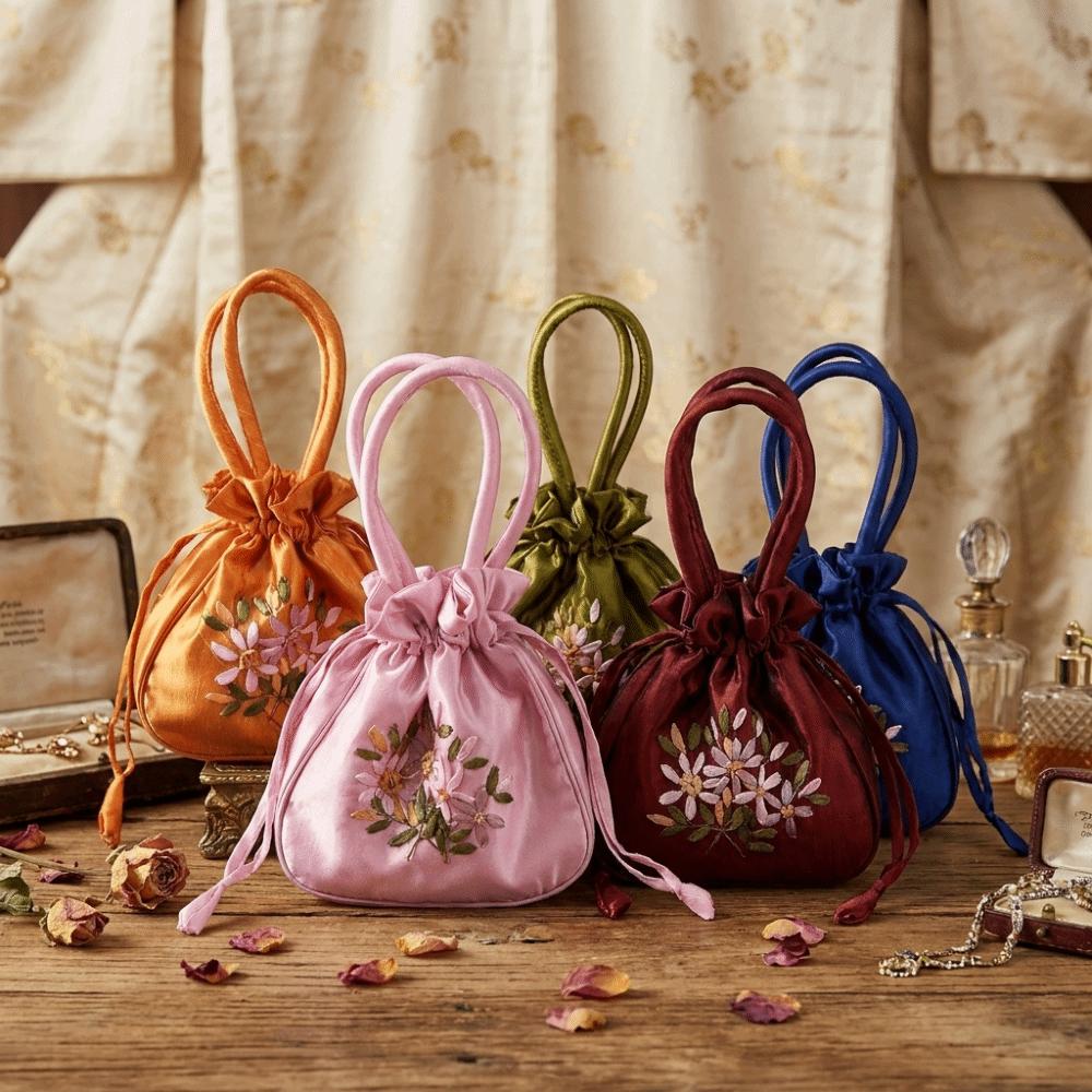 Leaf Embroidery Flower Handbag Ethnic Style Small Purse Wallet Hanfu Drawstrings Bag Shopping