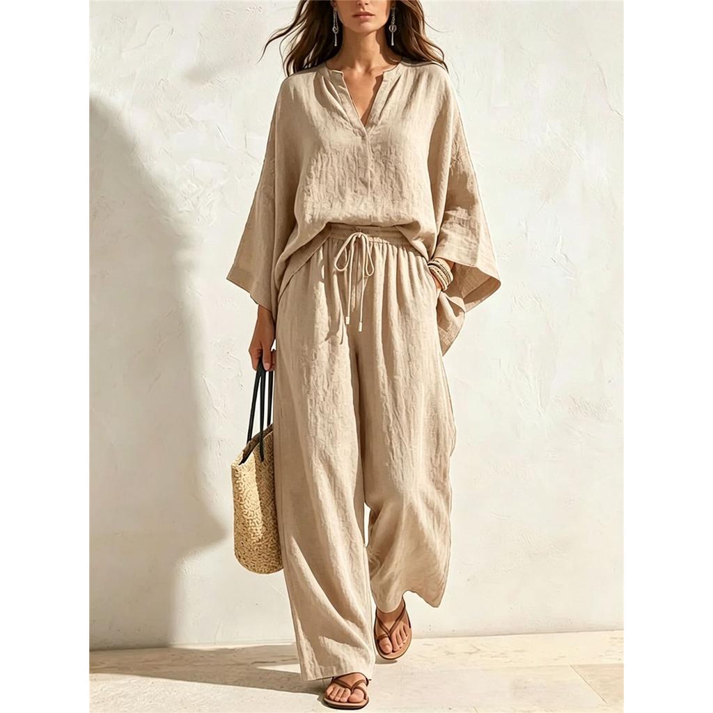 Women Linen‑Look 2‑Piece Outfit V‑Neck 3/4 Sleeve Loose Blouse Drawstring Waist Wide‑Leg Long Pants Casual Set 
