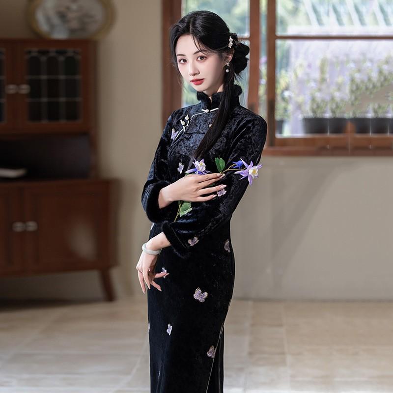 Womens Winter Velvet Embroidered Cheongsam Dress Long Sleeve Stand Collar Retro Style Thick Lined Qipao