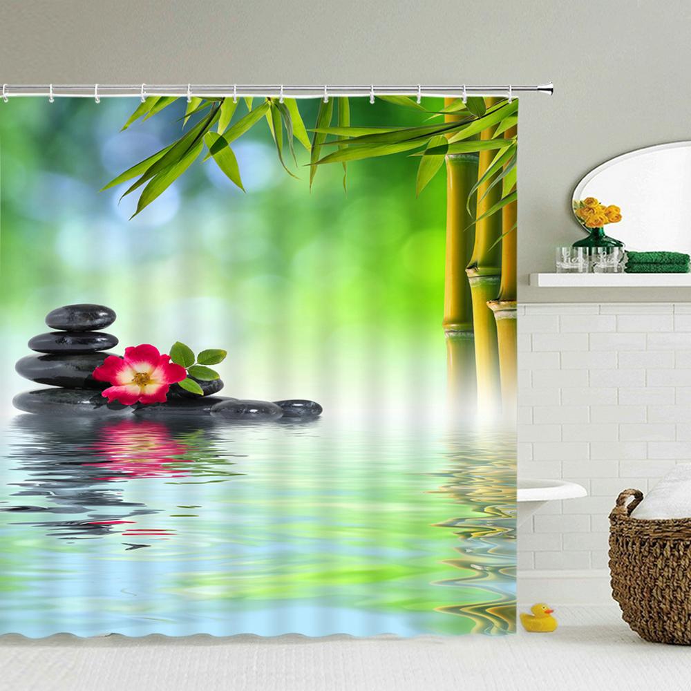 Tenda Doccia Meditazione Pietra Zen Bambù Verde Orchidea Tema Rilassante Spa Tessuto in Poliestere Impermeabile per Bagno Vasca da Bagno