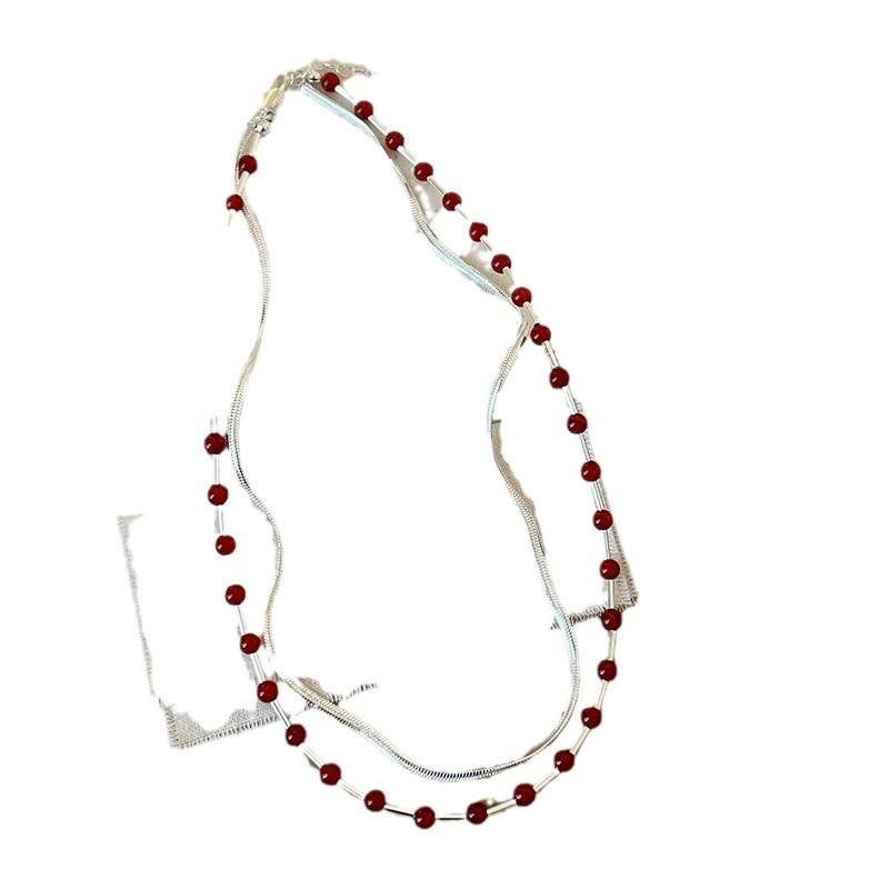 Simple Light Luxury Agate Beaded Double-Layer Stacked Necklace Female Personality Fashion Elegant Versatile Neck Chain Sweater Chain