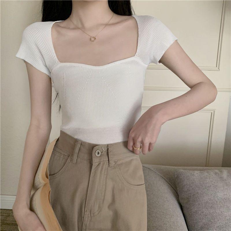 

Женская футболка с квадратным вырезом на плечах и короткими рукавами на лето, нишевая, облегающего кроя, трикотажная, уникальная и шикарная короткая майка One size белый