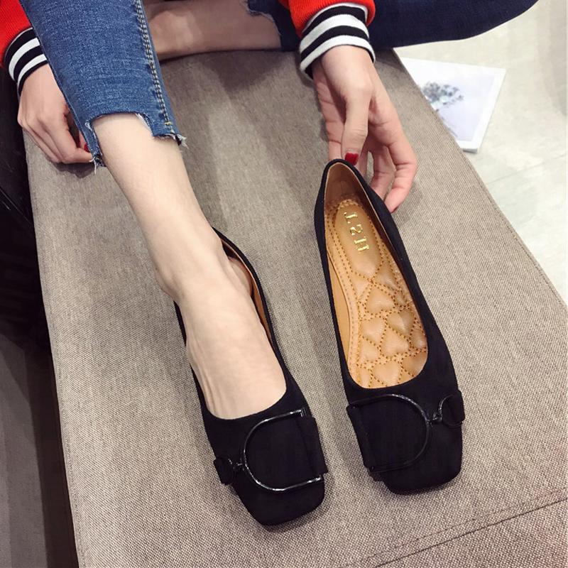 Fashion Flat Shoes for Women Spring 2025 New Suede Square Toe Shallow Cut Flat Bottomed Lefu Soft Bean Shoes Ladies Big Size 44 45 46