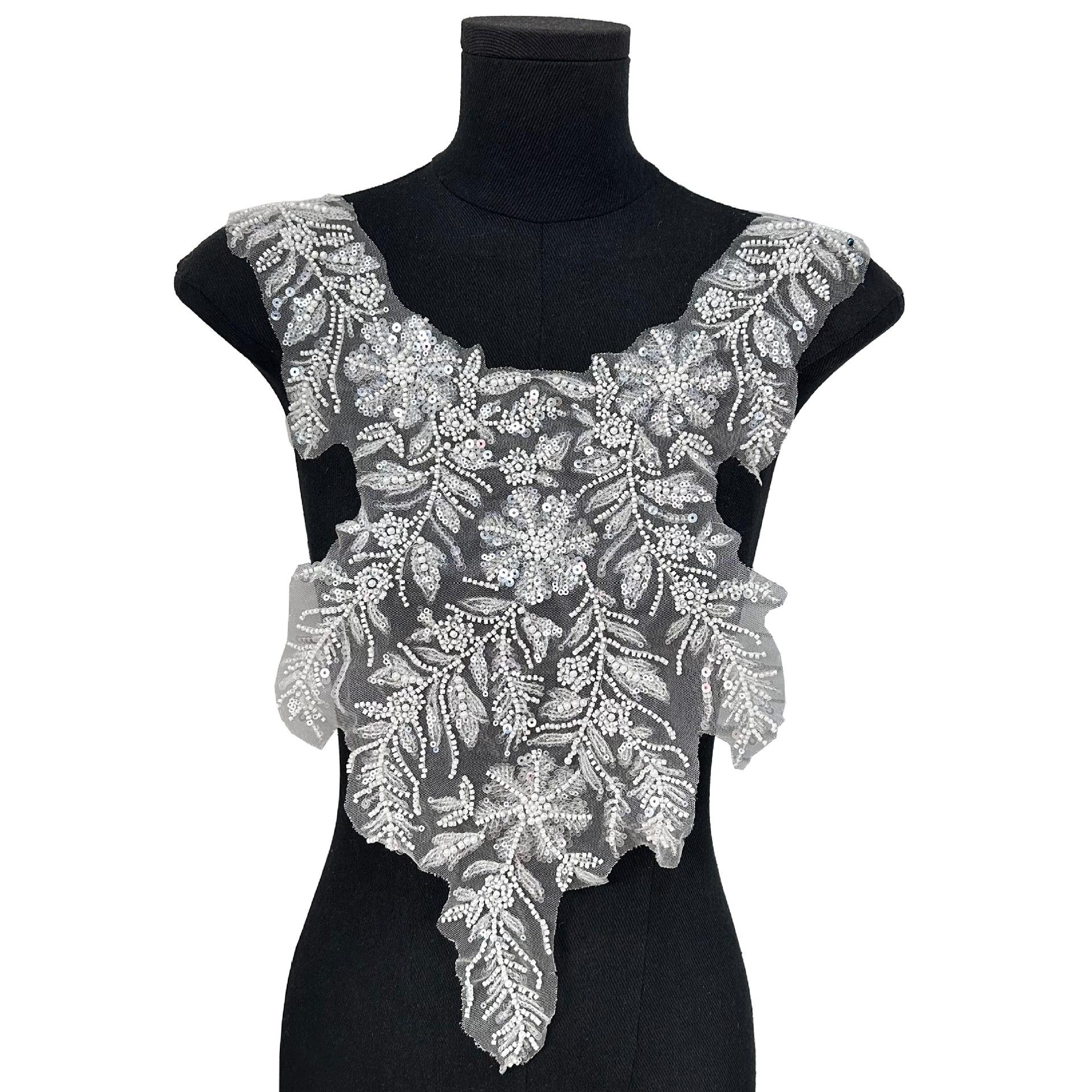 

Ручная работа Белый бисер Пайетки Декоративный накладной воротник Свадебное платье Жемчужный передний воротник Полые кружевные аксессуары HF07