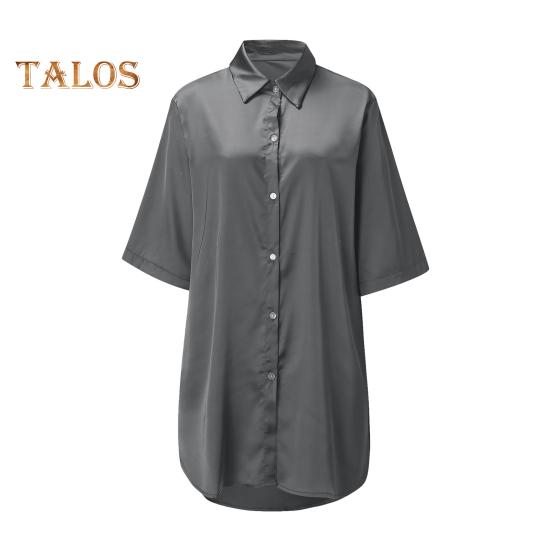 Damen Sommer Nachthemd Halbarm Hemdtyp Revers Einreihig Locker Einfarbig Satin Locker Geteilter Saum Homewear Schlafkleid Nachtwäsche