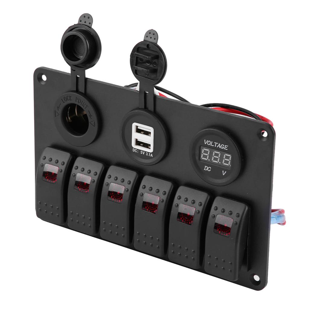 12V 24V 6 Gang Car Boat Marine LED Rocker Switch Panel Dual USB Voltmeter Cigarette Lighter