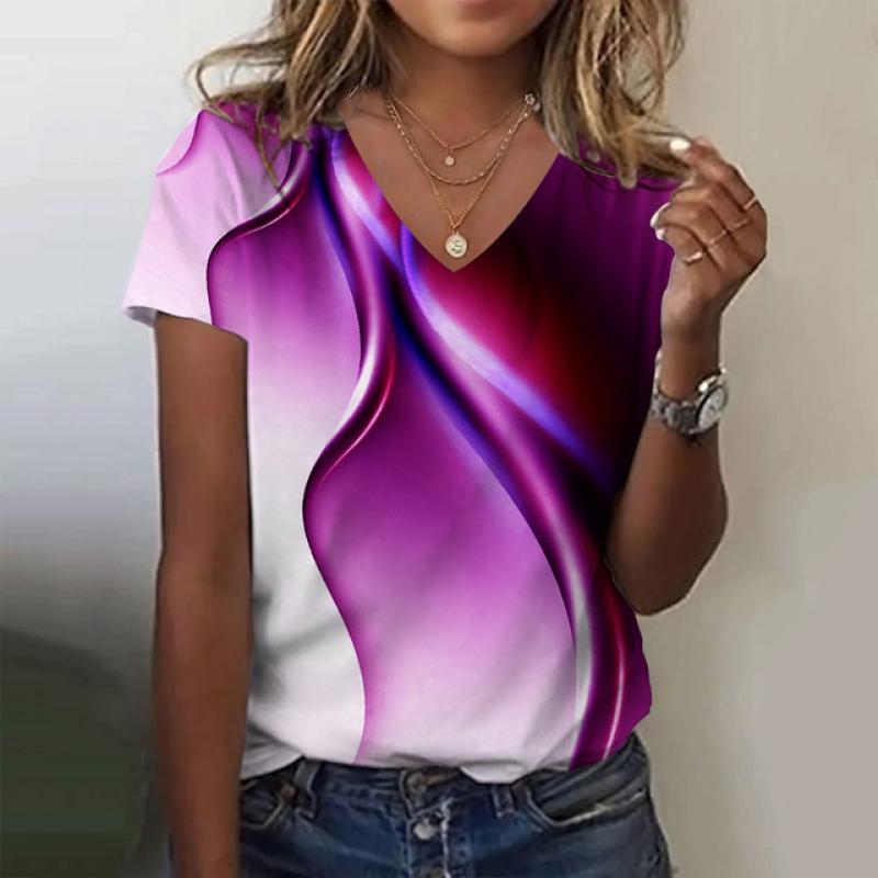 Colorful Gradient Graphic 3D Print T-shirts Women V-Neck T Shirt Short Sleeve Y2k Top Harajuku Streetwear Oversized Tee Women
