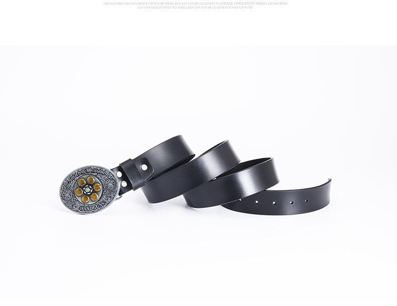 Black Cowhide Leather Belt with Bullet Pattern and Rotatable Buckle for Autumn/Winter