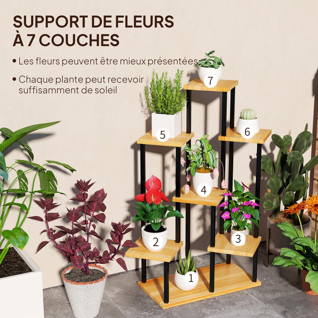 7-Tier Plant Stand for Indoor and Outdoor, Plant Shelf In Steel and Wood, Natural Wood