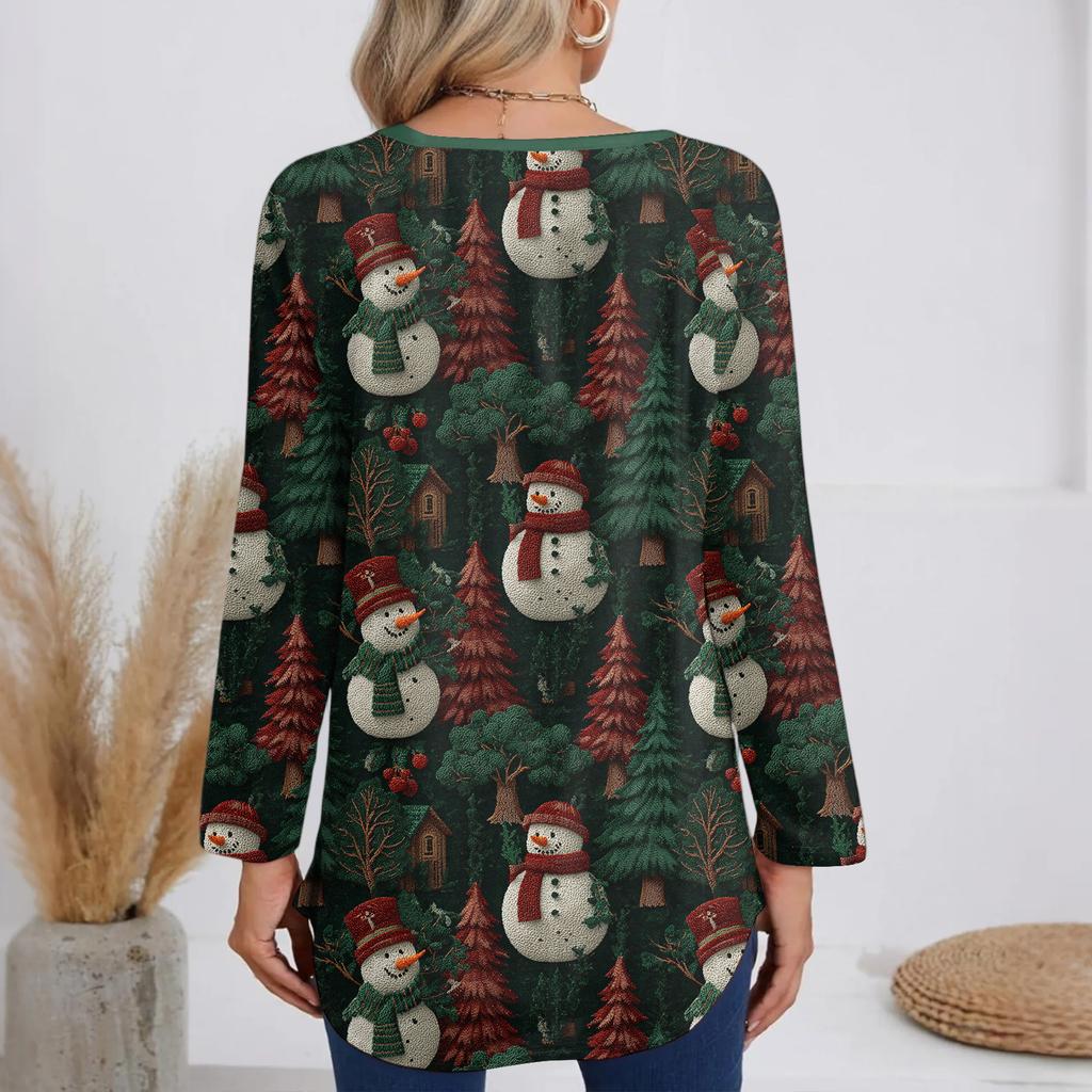 Ladies' Fashionable Casual Christmas Printed T-shirt Long Sleeved V-neck Mid Length Top