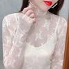 Women's High Neck Lace Layer Top with Lantern Sleeves - Stylish Mesh Sweater for Autumn/Winter